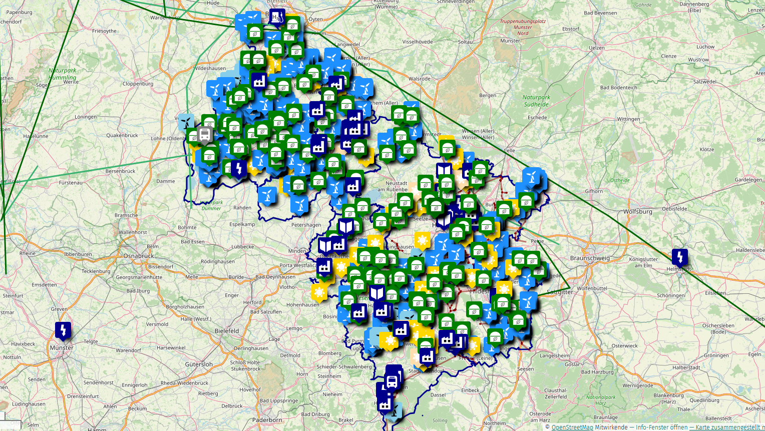 Bildausschnitt der Region Leine-Weser mit relevanten Icons